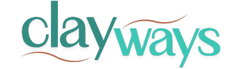 Clay ways logo in green and teal with brown line denoting clay