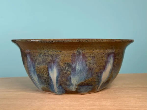 Large Ceramic Bowl with Dripped Glazing in Purples and Greens. - Image 4