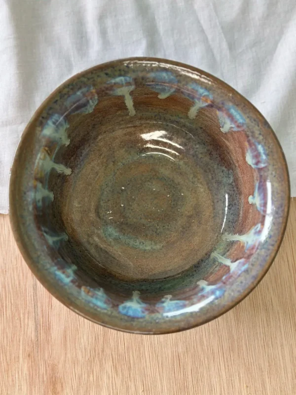 Large Ceramic Bowl with Dripped Glazing in Purples and Greens. - Image 3