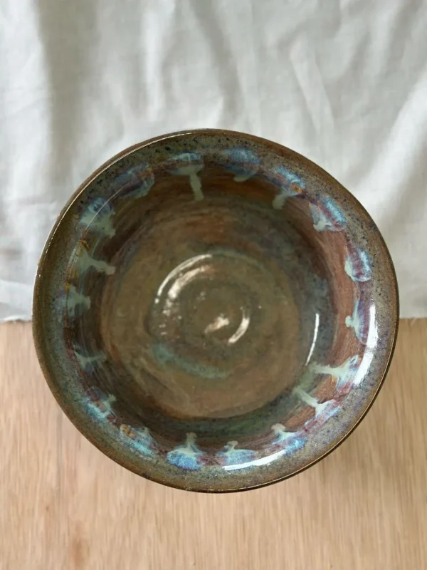 Large Ceramic Bowl with Dripped Glazing in Purples and Greens. - Image 2