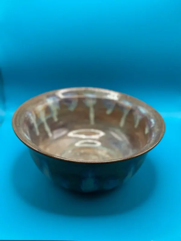 Large Ceramic Bowl with Dripped Glazing in Purples and Greens.