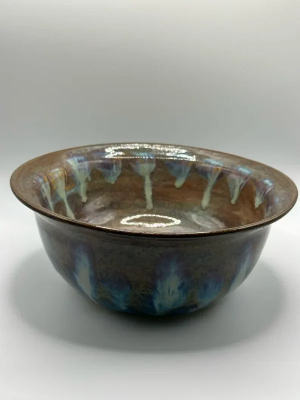 Large Ceramic Bowl with Dripped Glazing in Purples and Greens. - Image 6